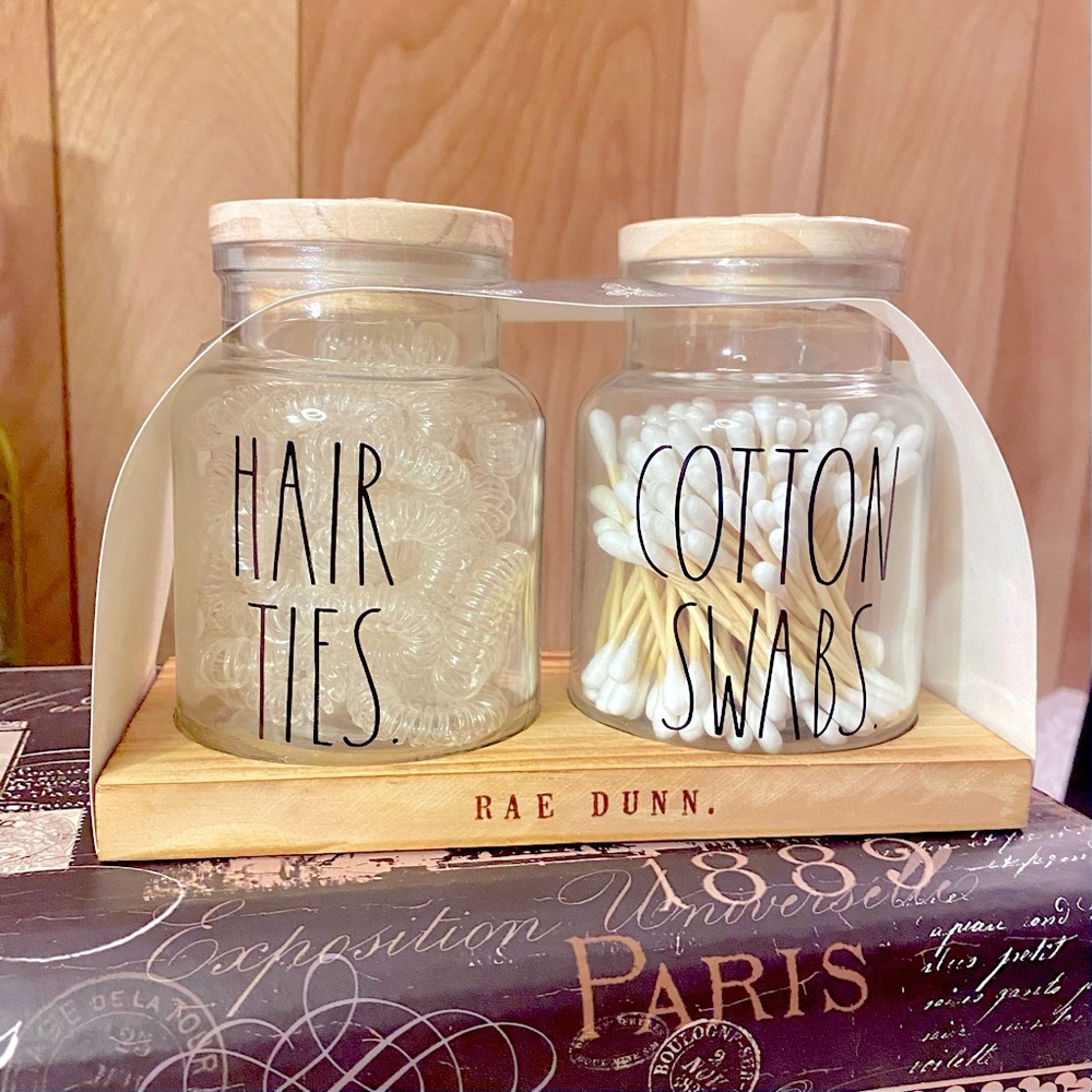 Rae Dunn Spiral Hair Ties and Cotton Swabs Small Glass Jar with Wood Caddy